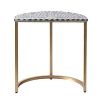 Bone Inlay Half Moon Side Table Blue with Gold Frame 53cm