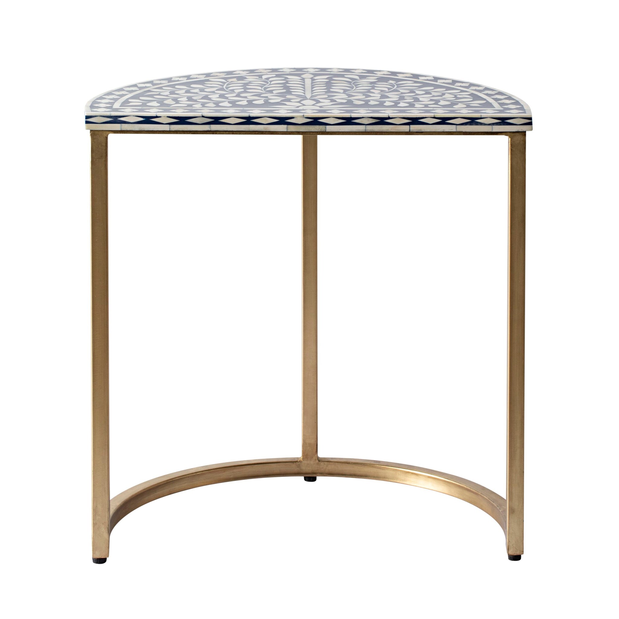 Bone Inlay Half Moon Side Table Blue with Gold Frame 53cm