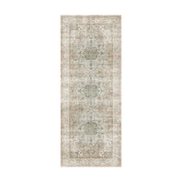 The Manisa Washable Runner 80x200cm is a rectangular Persian-style rug with a faded beige base, three blue and cream central medallions, a subtle floral border, and a 7mm pile height for added comfort underfoot.