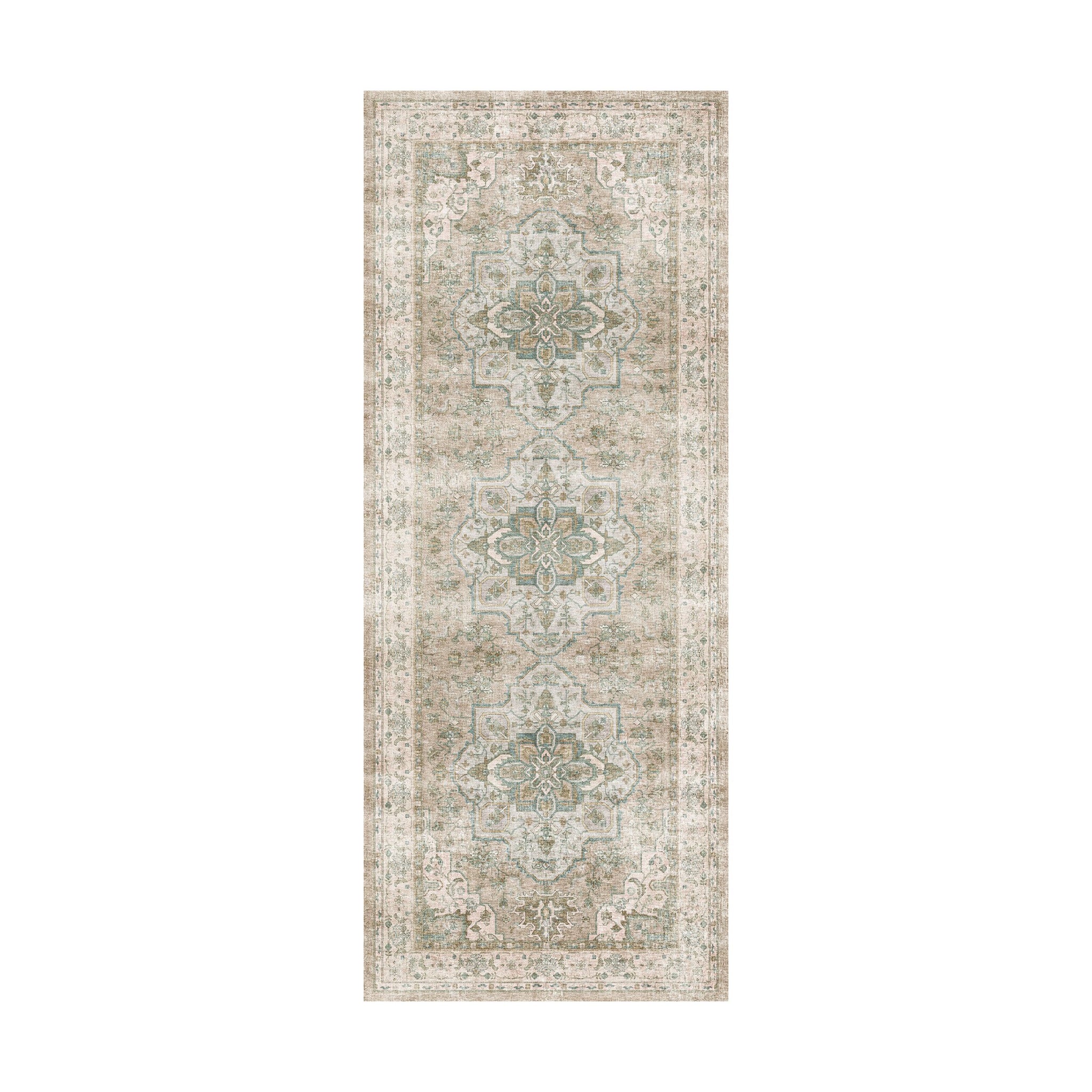 The Manisa Washable Runner 80x200cm is a rectangular Persian-style rug with a faded beige base, three blue and cream central medallions, a subtle floral border, and a 7mm pile height for added comfort underfoot.