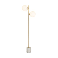 The Severina Metal Floor Lamp 158cm features a gold pole, two globe-shaped white bulbs at varying heights, and a cylindrical white marble base—ideal for enhancing your décor or matching with table lamps and chandeliers.