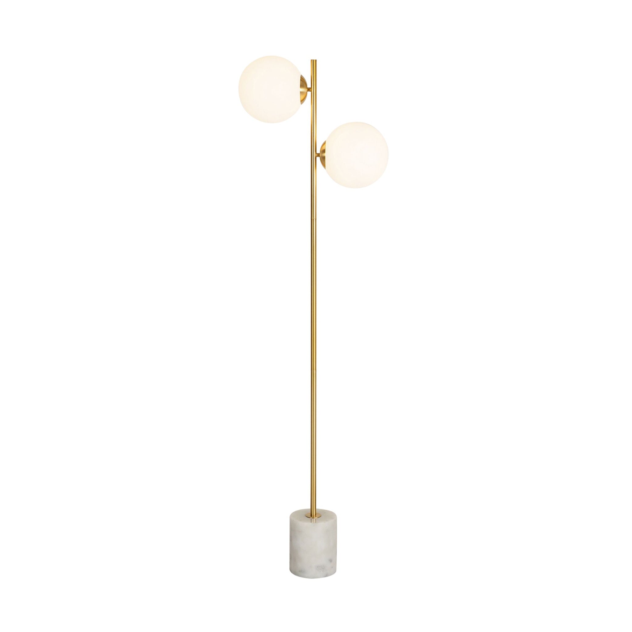The Severina Metal Floor Lamp 158cm features a gold pole, two globe-shaped white bulbs at varying heights, and a cylindrical white marble base—ideal for enhancing your décor or matching with table lamps and chandeliers.