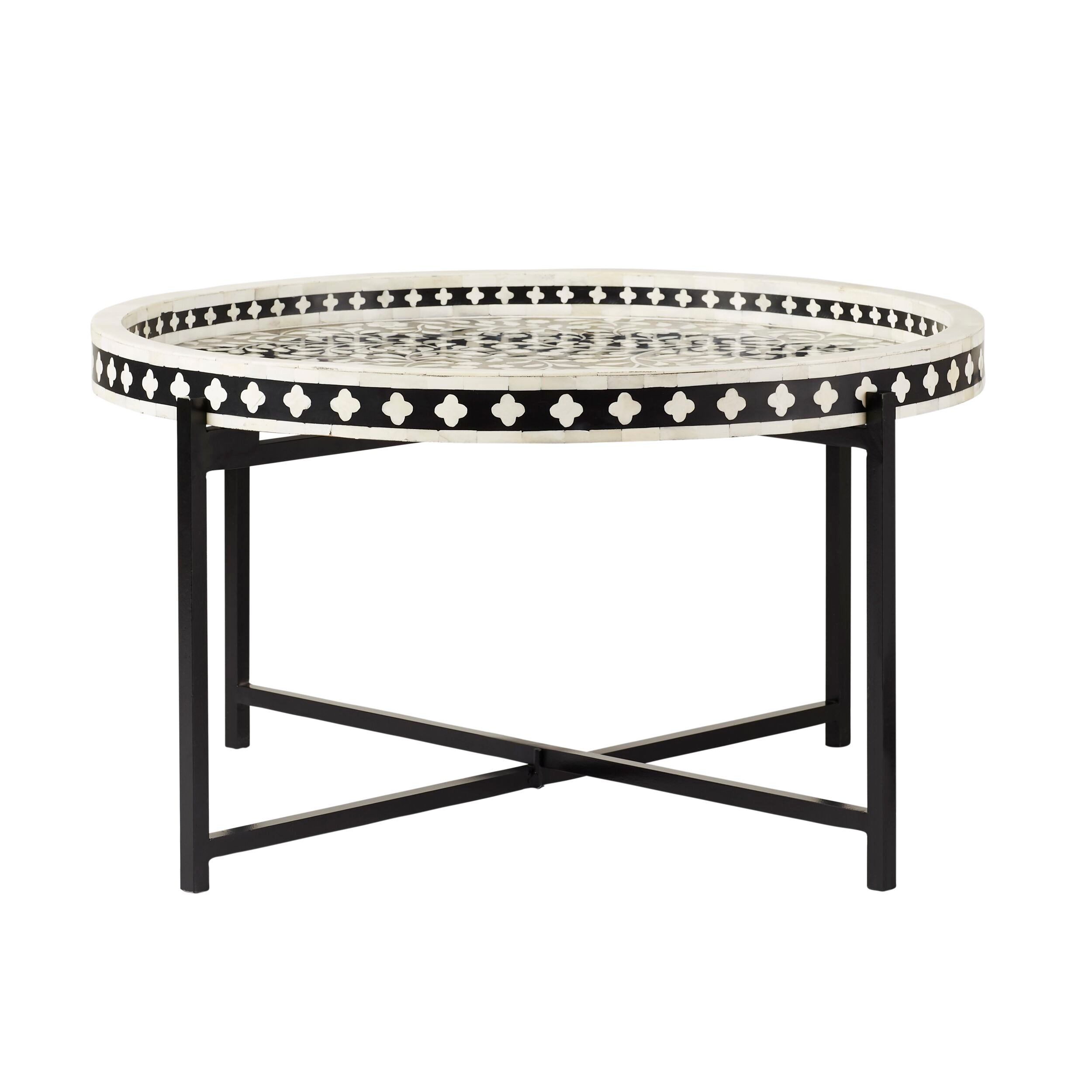 Bone Inlay Round Coffee Table Black with Black Frame 75cm