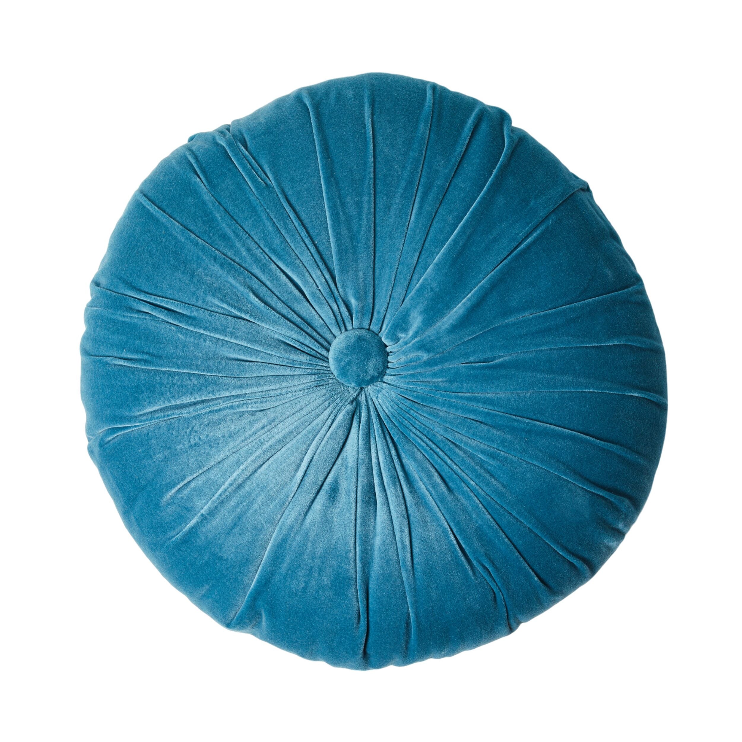 Round Blue Velvet Ruched Cushion 40cm