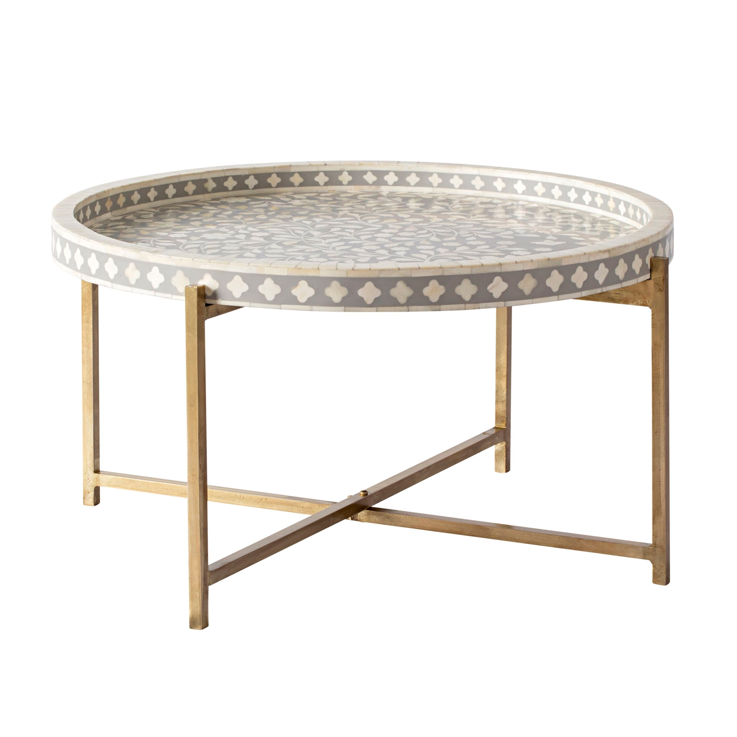 Bone Inlay Round Coffee Table Grey with Gold Frame 75cm