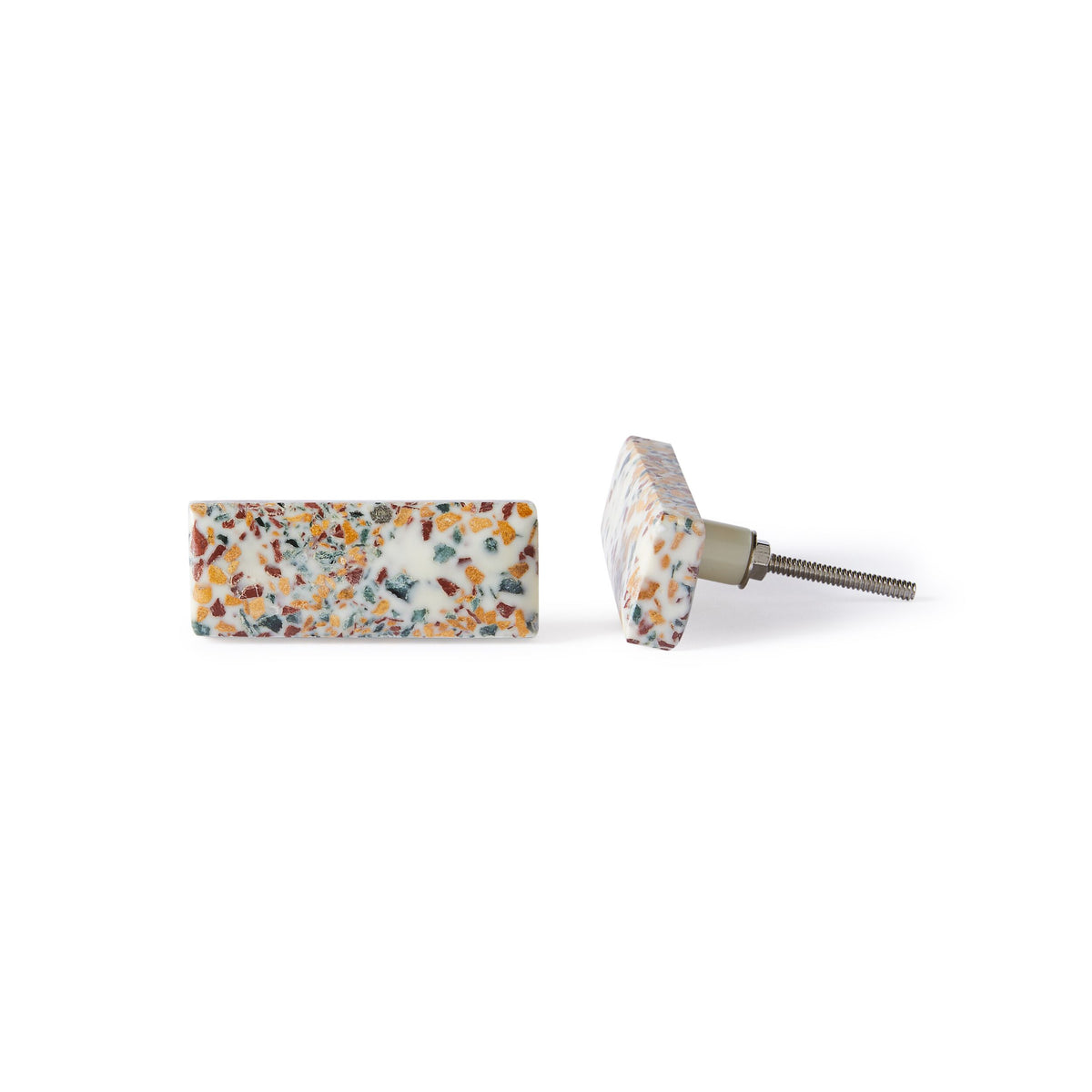 The Speckle Terrazzo Knob Large 6.7cm from Early Settler features a multicolored terrazzo pattern and metal screws, shown from top and side views on a white background—ideal as a decorative drawer knob.