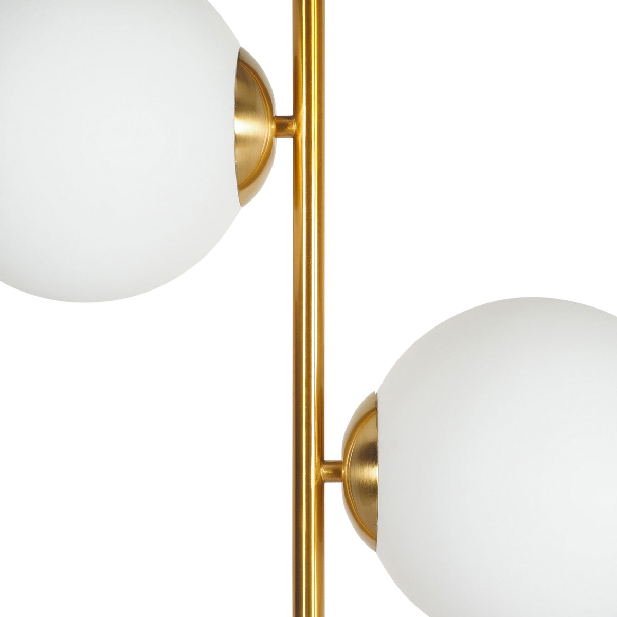 Close-up of the Severina Metal Floor Lamp 158cm, featuring two frosted white glass globes on a vertical gold rod—an elegant addition to your space alongside table lamps or chandeliers.