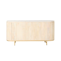 The Deva 4 Door Buffet (170 x 80 x 43cm) in white wash mango wood features vertical slats, rounded corners, a marble top, and gold metal legs, shown against a plain white background.