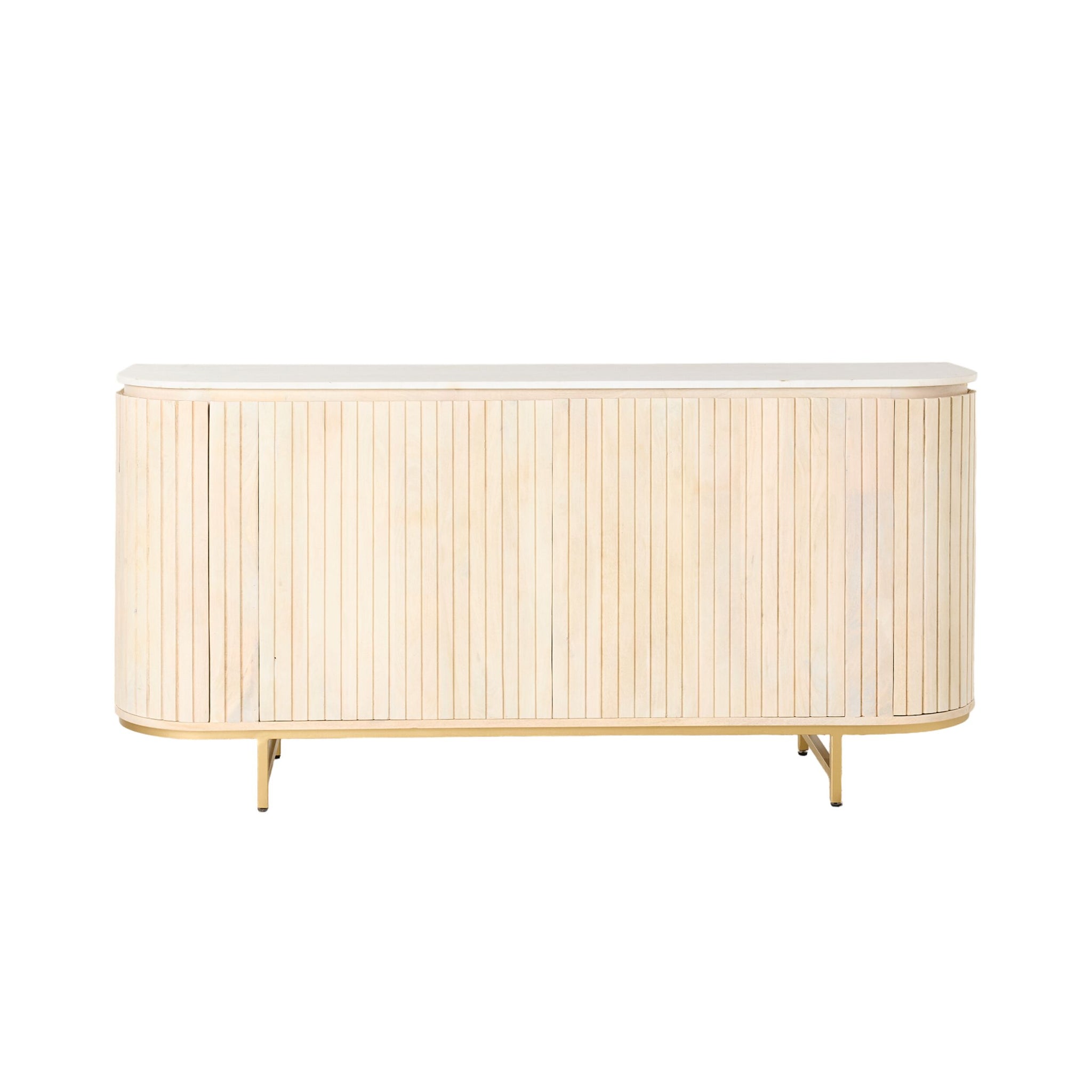 The Deva 4 Door Buffet (170 x 80 x 43cm) in white wash mango wood features vertical slats, rounded corners, a marble top, and gold metal legs, shown against a plain white background.