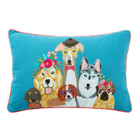 The "Stitch Dogs Life Cushion 60x40cm" showcases a decorative pillow embellished with illustrations of six dogs in vibrant accessories set against a blue background, providing an appealing animal-themed design.