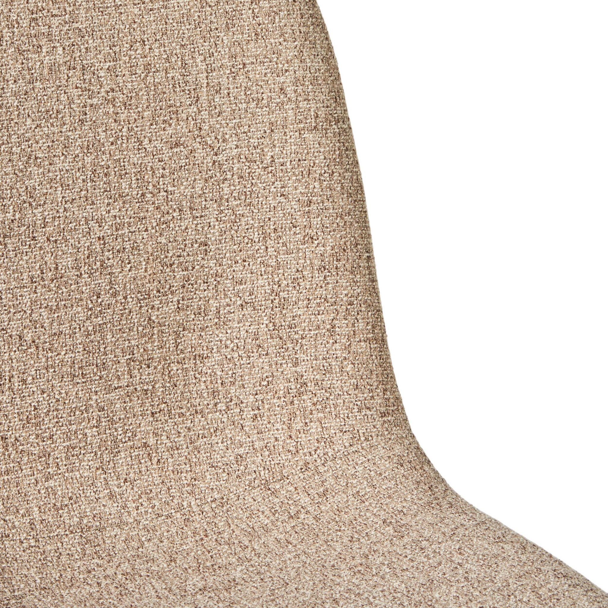 A close-up view of the Knox Dining Chair Boucle Cream showcases its textured boucle cream fabric on the curved back, complemented by chocolate-toned wood legs.