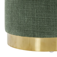 Close-up of the Edie Round Ottoman Solace Moss: features a green textured durable polyester fabric surface atop a gold metallic base, highlighting its elegant and versatile design.