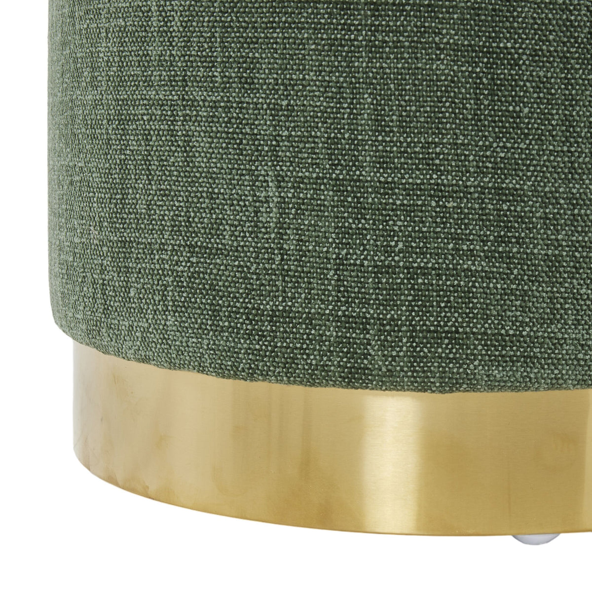 Close-up of the Edie Round Ottoman Solace Moss: features a green textured durable polyester fabric surface atop a gold metallic base, highlighting its elegant and versatile design.
