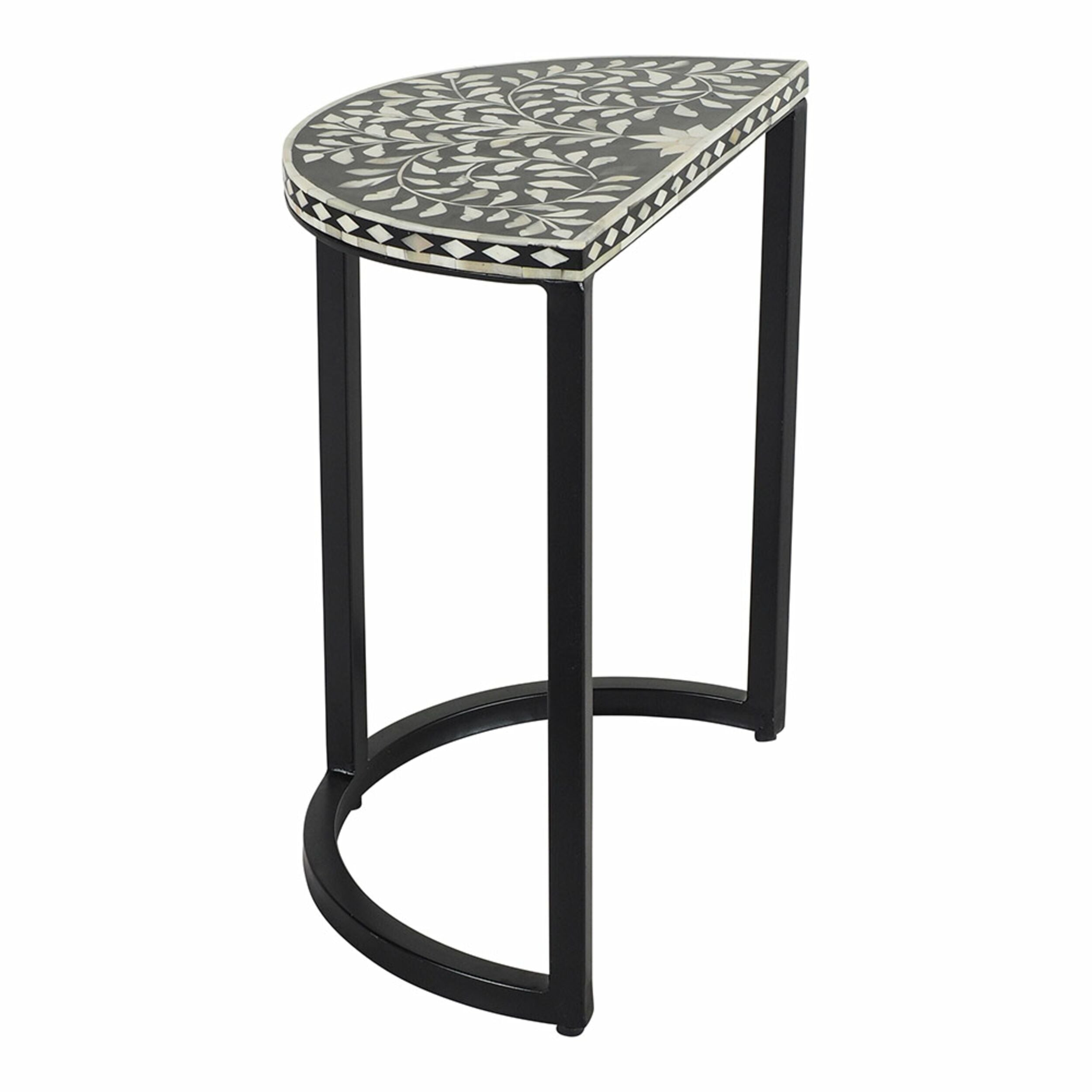 Bone Inlay Half Moon Side Table Black with Black Frame 53cm