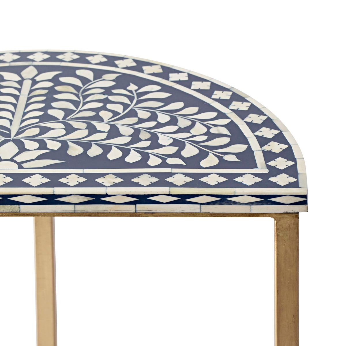 Bone Inlay Half Moon Side Table Blue with Gold Frame 53cm