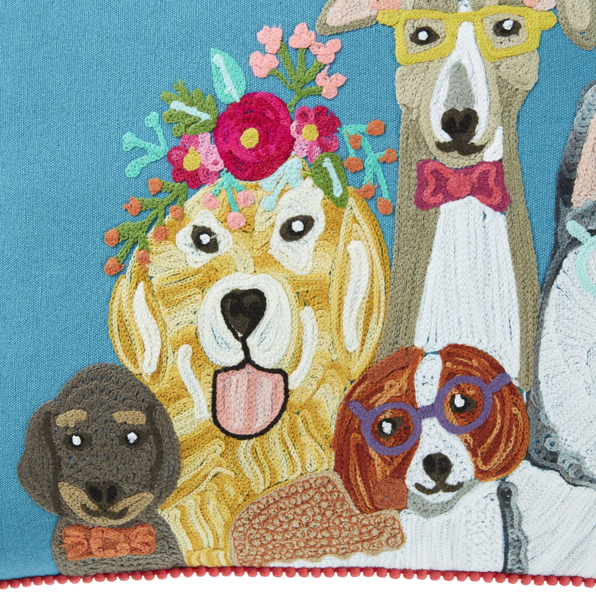 The Stitch Dogs Life Cushion (60x40cm) showcases exquisite embroidery with five dogs on a blue background: one wearing a flower crown, another sporting yellow glasses, and others adorned with bows and bow ties, contributing to its playful charm.