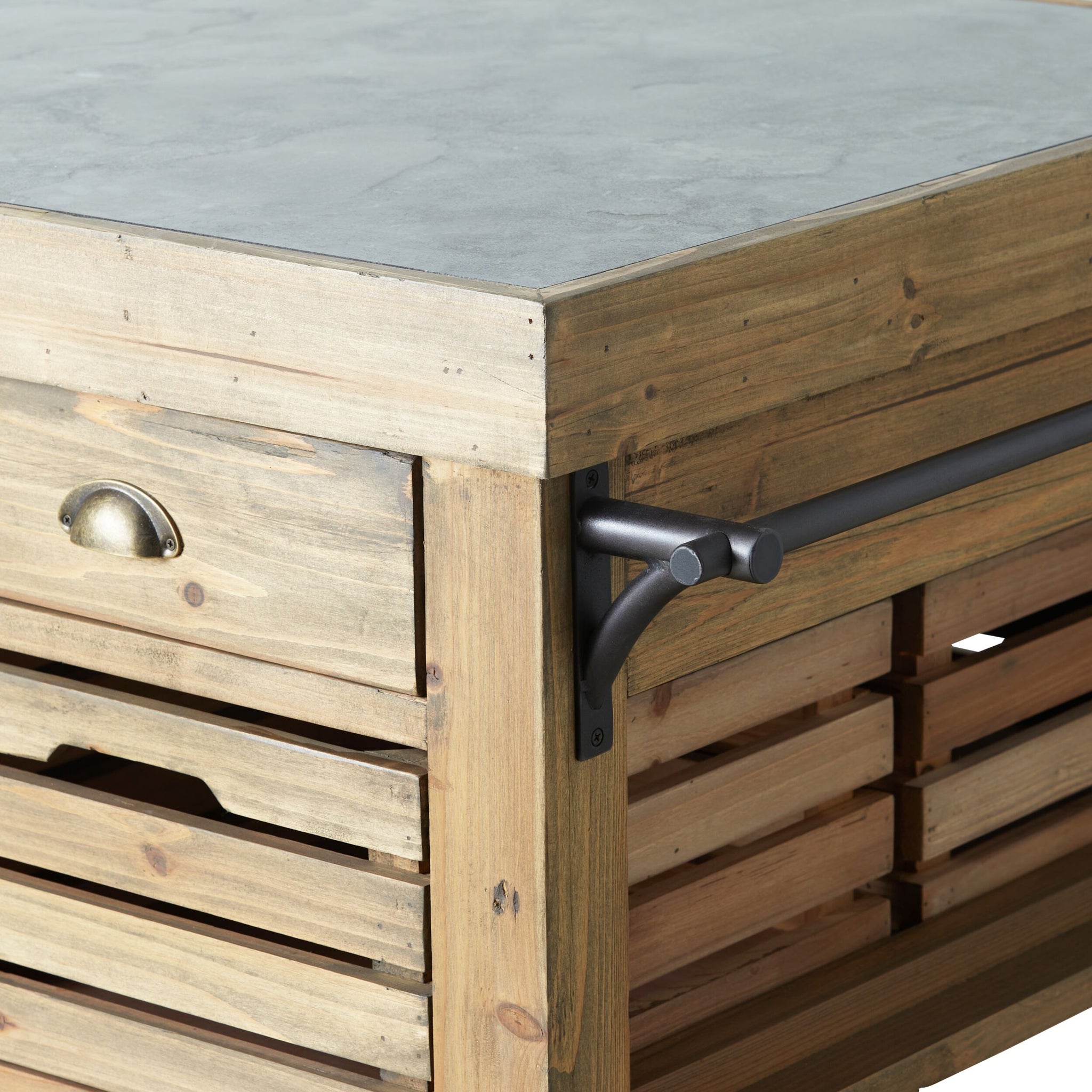 Close-up of the Carter 2 Drawer Island Bench featuring a rustic design, slatted drawers with metal bar handles, and a bluestone top.