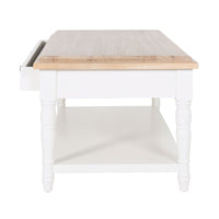 The Clover 1 Drawer Timber Coffee Table has a white frame, light wood top, lower shelf, turned legs, and an open storage drawer on the left—a charming timber piece for your living room.