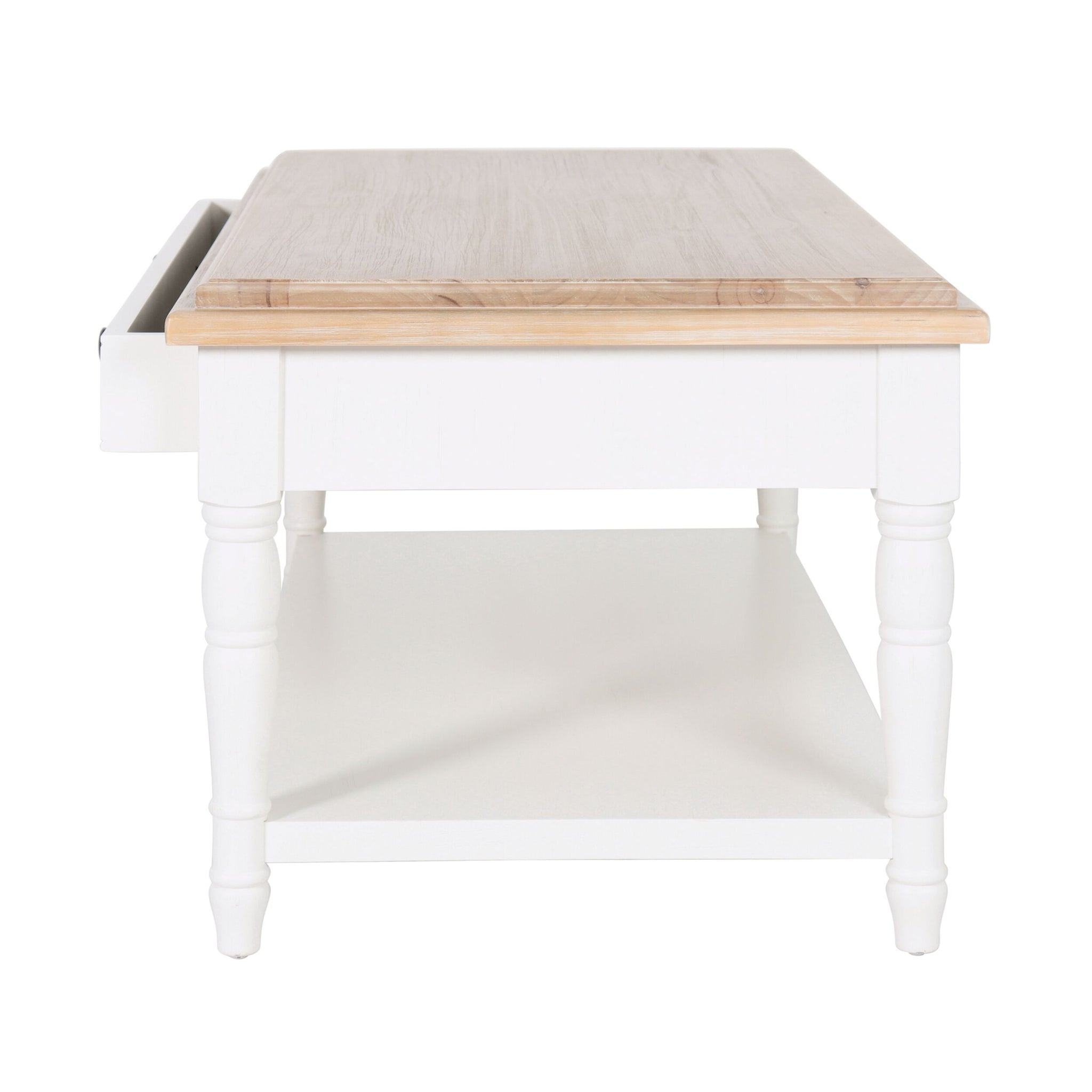 The Clover 1 Drawer Timber Coffee Table has a white frame, light wood top, lower shelf, turned legs, and an open storage drawer on the left—a charming timber piece for your living room.