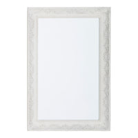 The Quincy Antique White Mirror, measuring 90x60cm, features a rectangular shape and an ornate frame adorned with intricate floral patterns, making it a perfect choice for adding timeless style to your home décor.