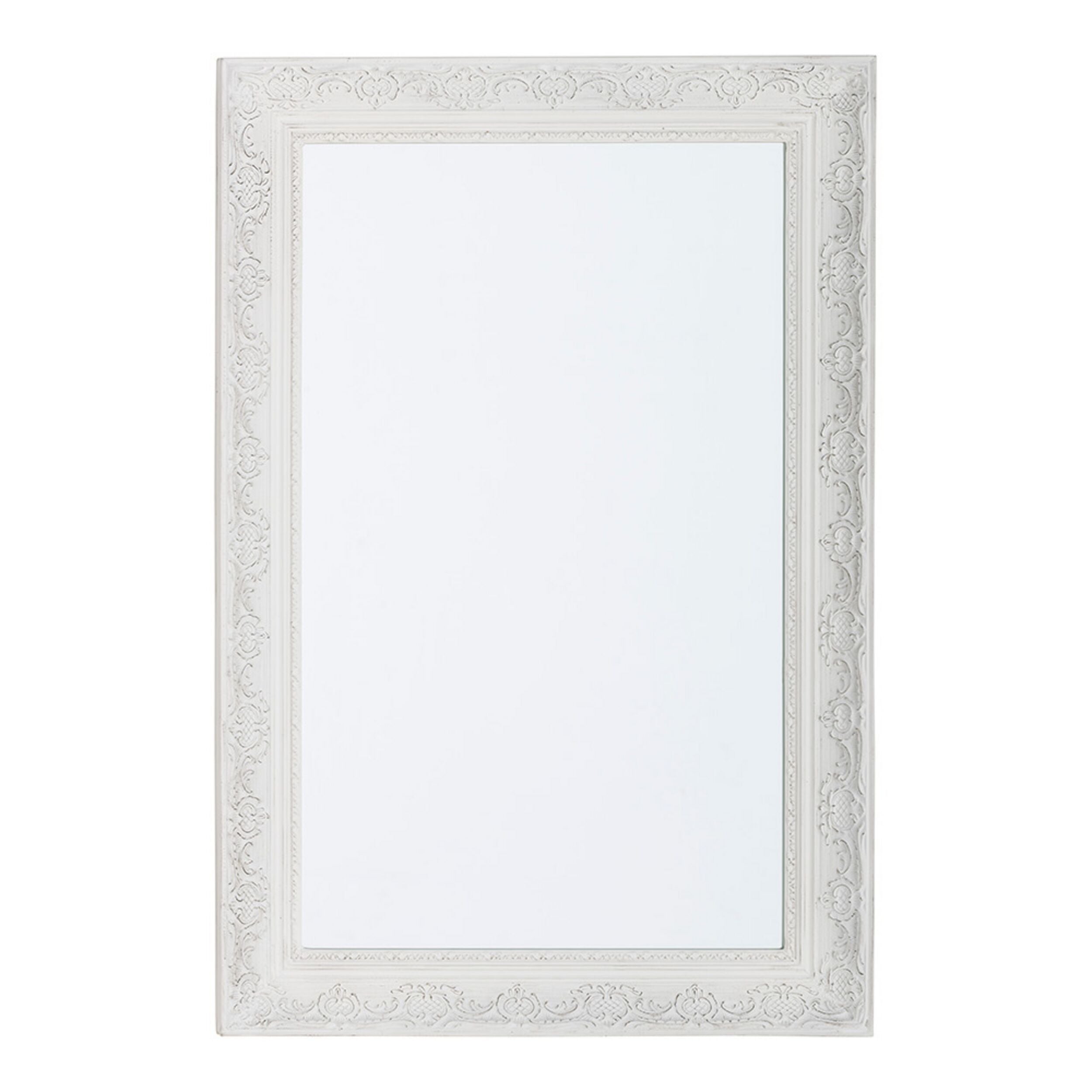 The Quincy Antique White Mirror, measuring 90x60cm, features a rectangular shape and an ornate frame adorned with intricate floral patterns, making it a perfect choice for adding timeless style to your home décor.