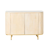 The Deva 2 Door Buffet showcases a light, whitewashed mango wood sideboard with vertical slats and rounded edges, elegantly resting on gold legs. Dimensions: 114 x 80 x 43cm.