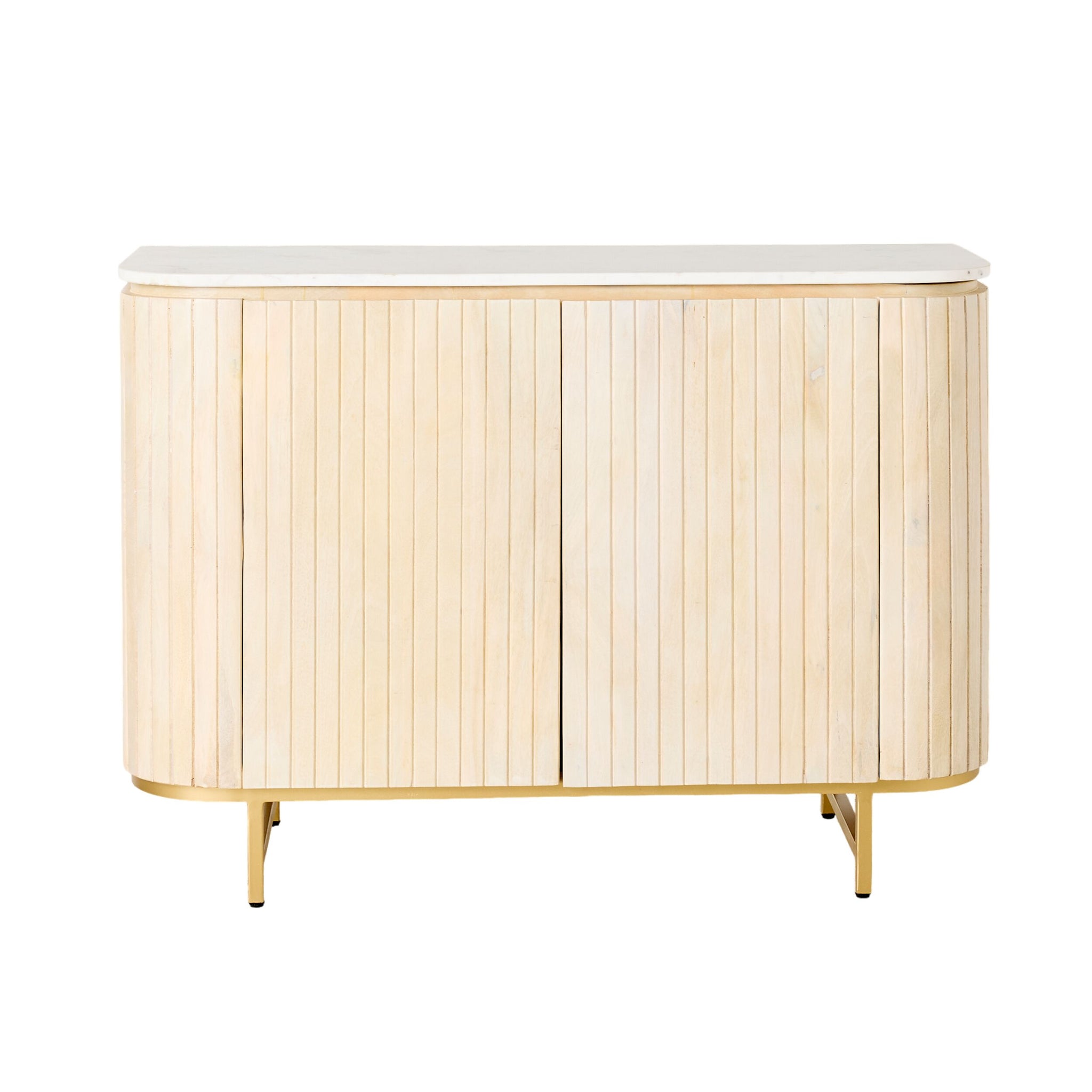 The Deva 2 Door Buffet showcases a light, whitewashed mango wood sideboard with vertical slats and rounded edges, elegantly resting on gold legs. Dimensions: 114 x 80 x 43cm.