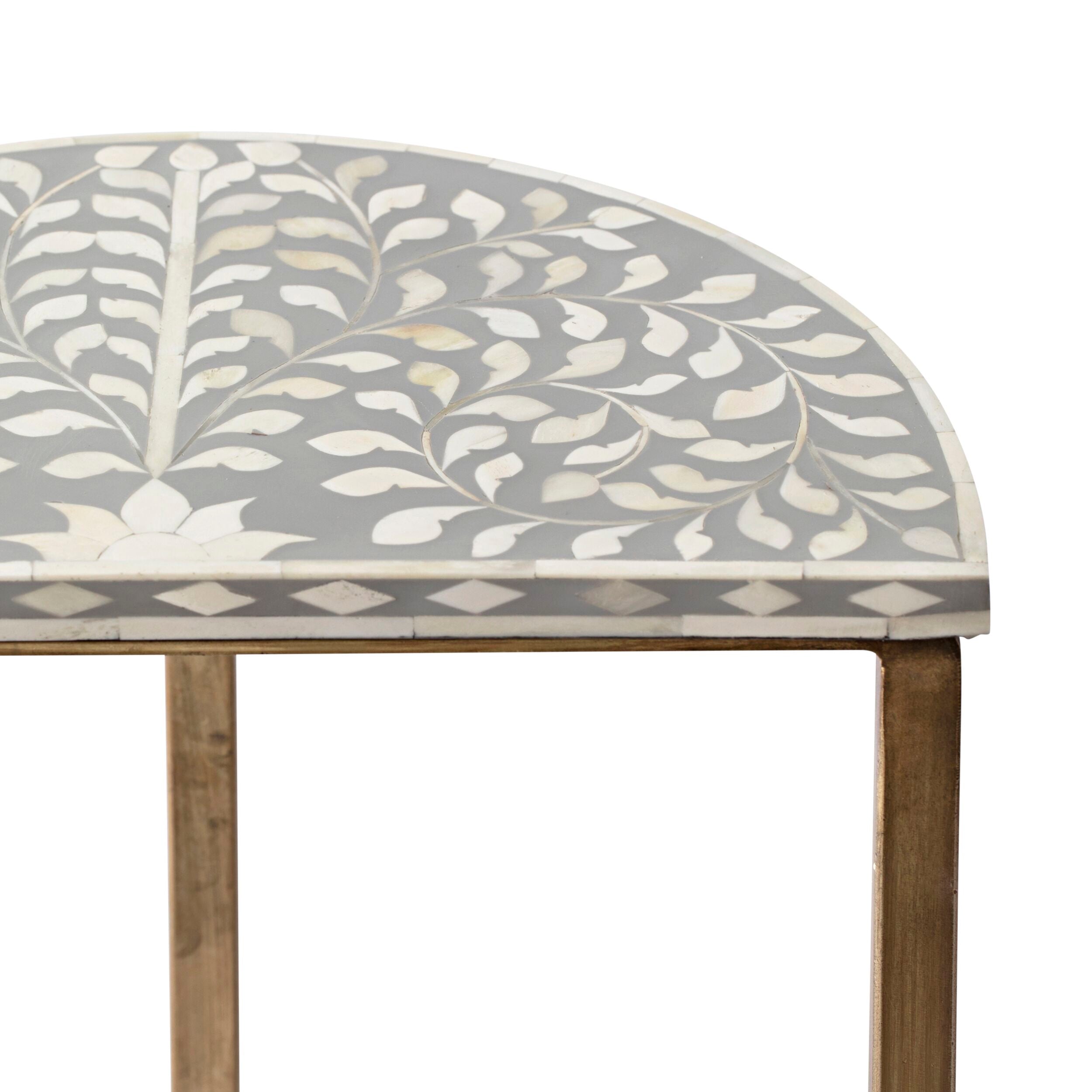 Bone Inlay Half Moon Side Table Grey with Gold Frame 44cm