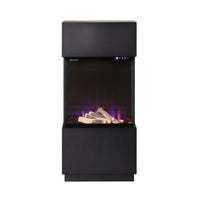 The Nelson Electric Fireplace 61x34x130cm features a modern black design with a glass front, artificial logs, and purple-blue LED flame effects. This freestanding fireplace adds sleek style and captivating ambiance to any room.