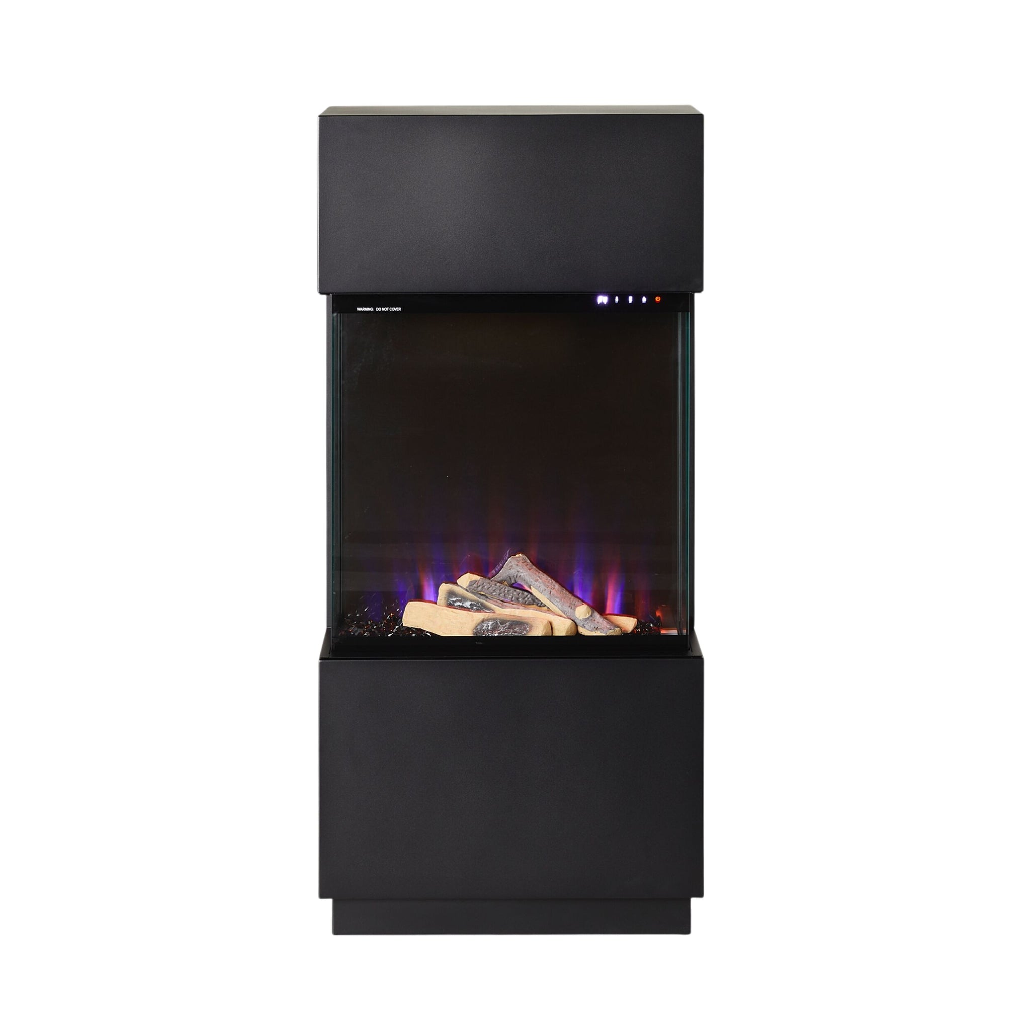 The Nelson Electric Fireplace 61x34x130cm features a modern black design with a glass front, artificial logs, and purple-blue LED flame effects. This freestanding fireplace adds sleek style and captivating ambiance to any room.