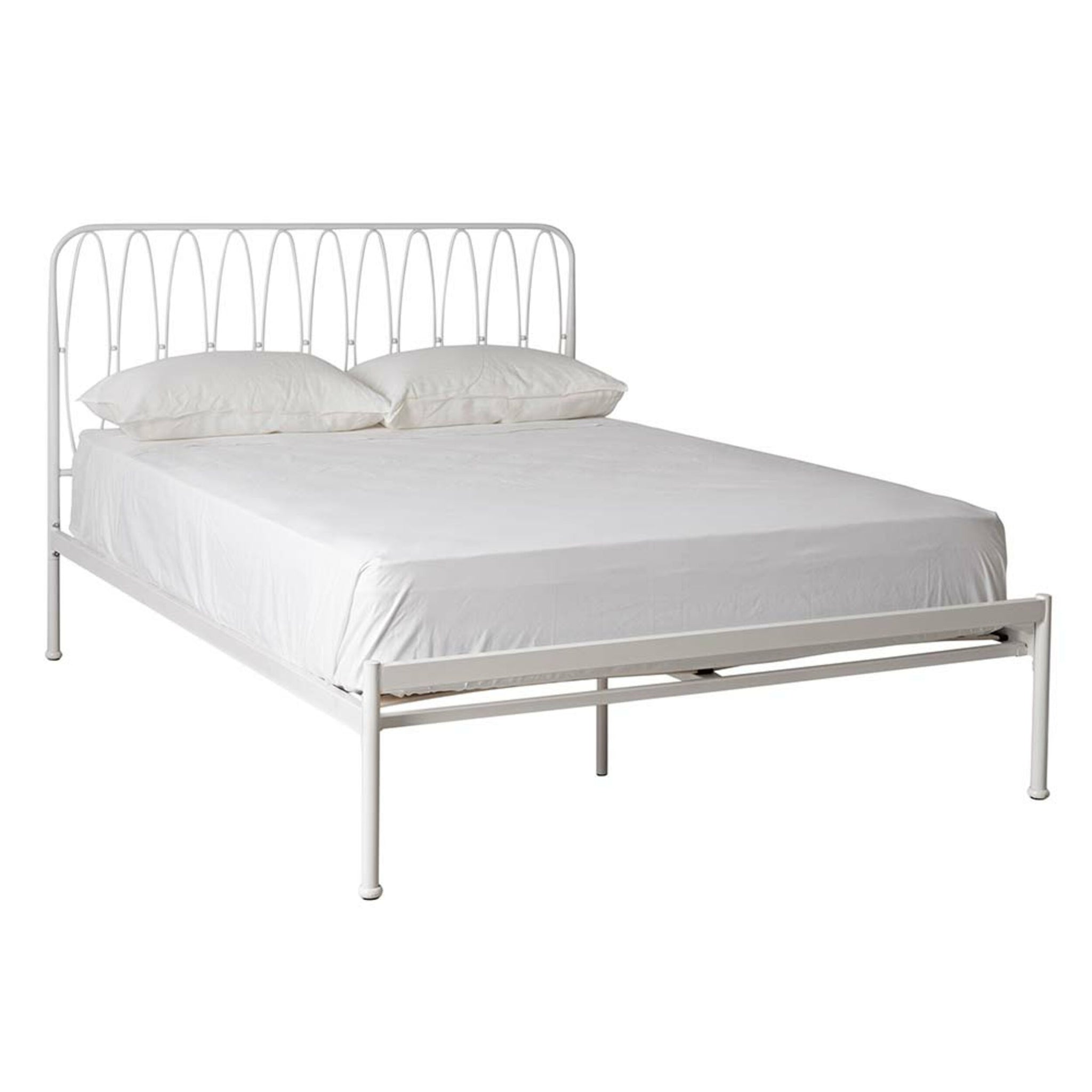 The Maya Queen Bed is a white iron frame with a minimalist vertical bar headboard, complemented by wooden slats. It features a powder-coated finish and includes a white mattress and two plush white pillows.