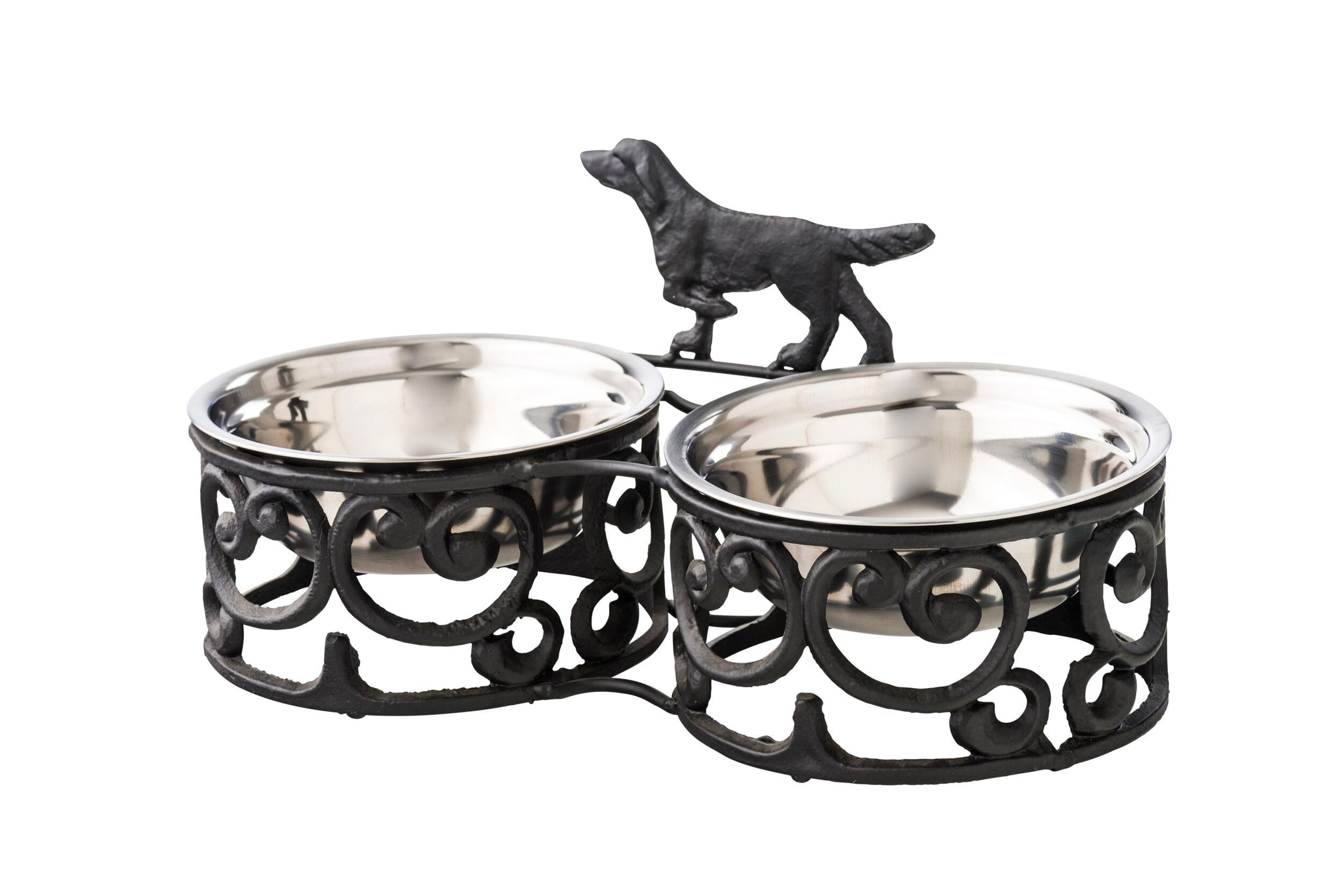 The Double Dog Bowl 35x17cm consists of two stainless steel pet bowls set in a robust iron stand, adorned with an appealing dog figure at the top, and finished in antique black and silver for a classic touch.