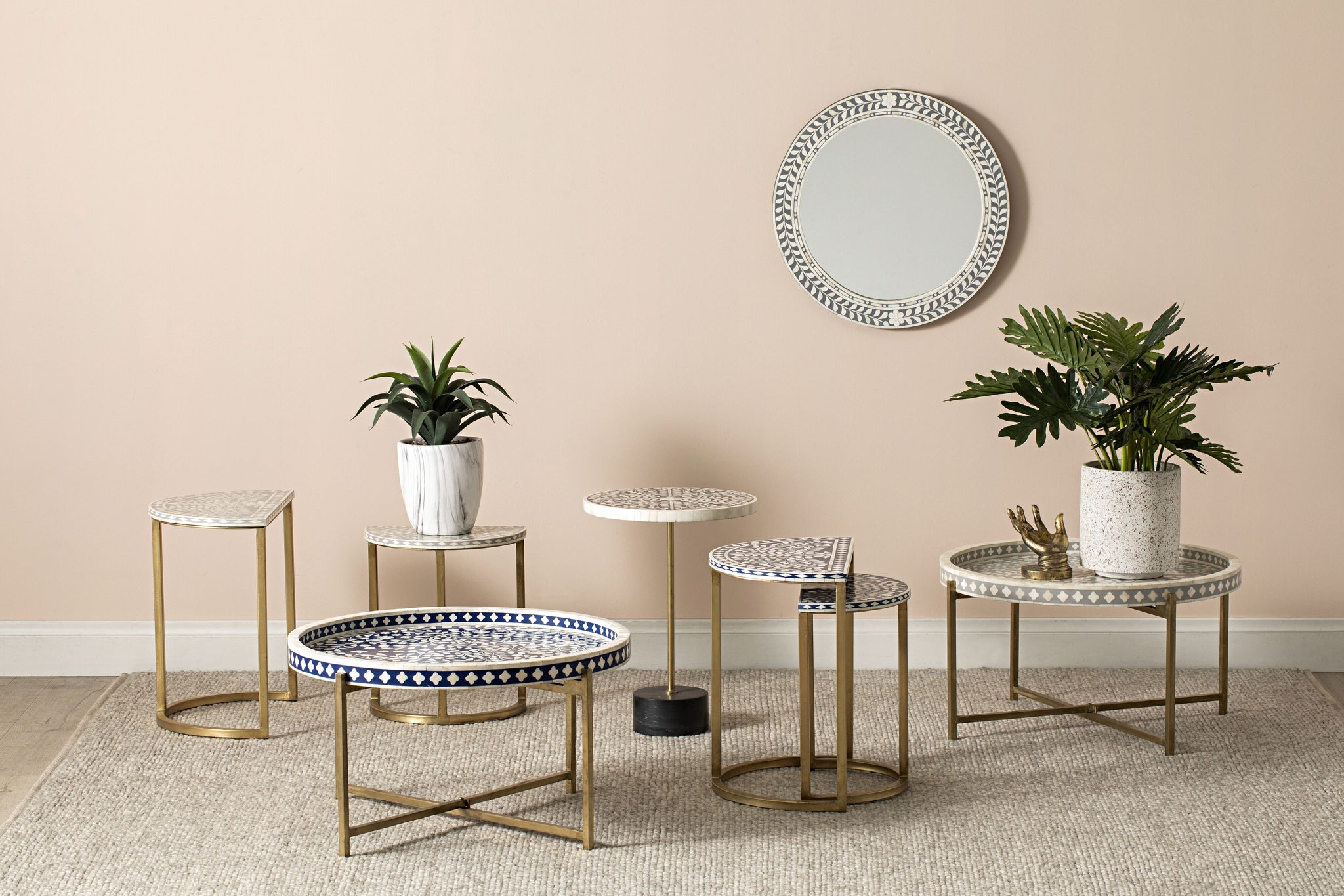 Bone Inlay Half Moon Side Table Grey with Gold Frame 53cm – Early ...
