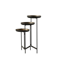 Three round Gracie Tiered Side Tables (34x31x80cm), bronze-colored with black legs, are arranged in ascending height from left to right. Each features durable metal construction for lasting style.