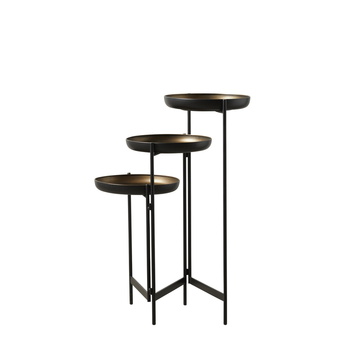 Three round Gracie Tiered Side Tables (34x31x80cm), bronze-colored with black legs, are arranged in ascending height from left to right. Each features durable metal construction for lasting style.