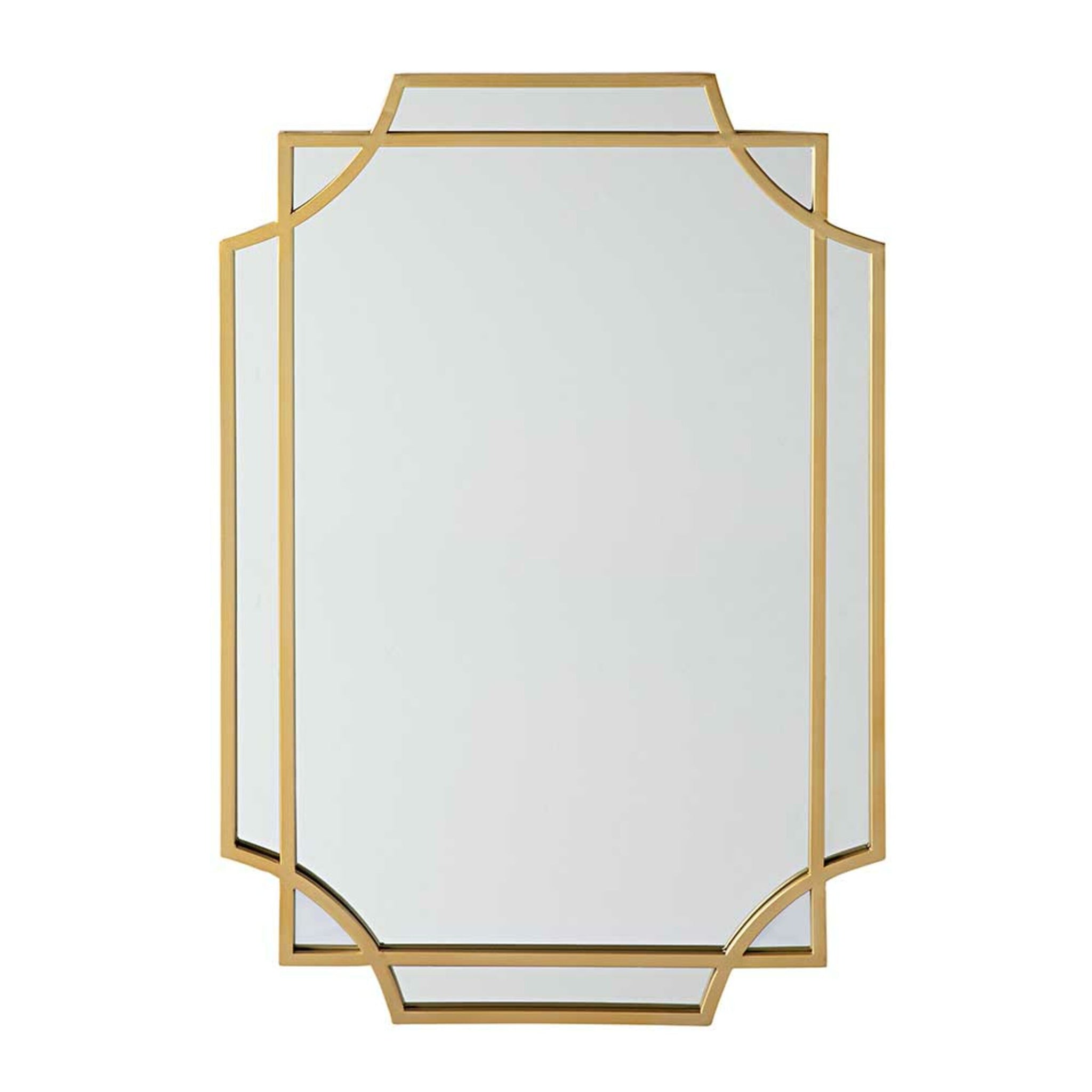 Elevate any space with the Dominique Emerald Mirror 90x60cm, featuring a rectangular design, angled geometric edges, and a striking gold frame. Perfect as an elegant accent piece for your home.