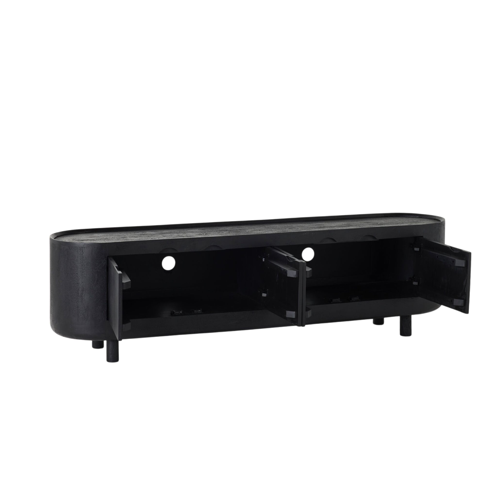 The Aurora Entertainment Unit Black is an oval-shaped TV stand with a sleek sandblasted finish, featuring two open compartments for media storage and rests on short legs.