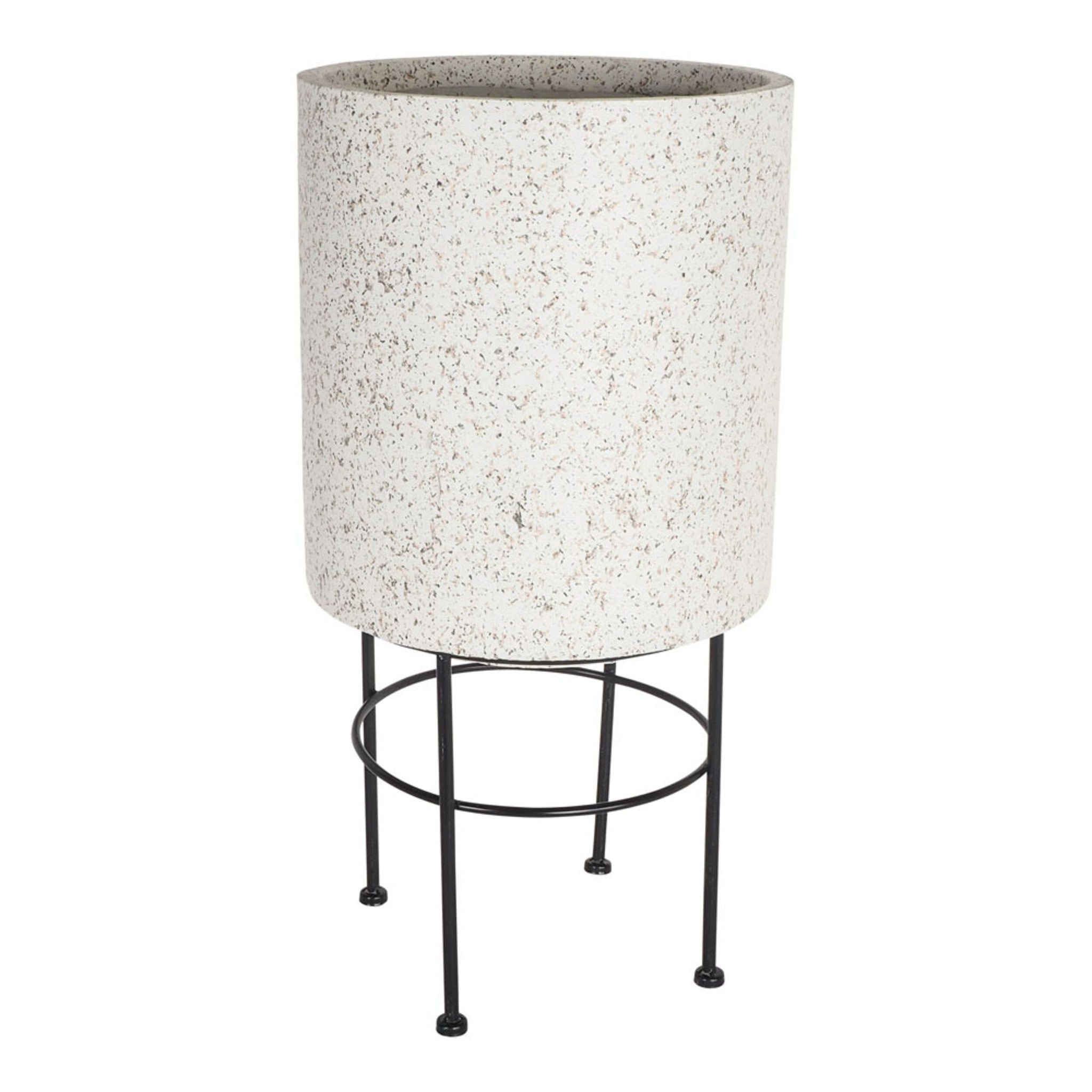 The Terrazzo Look Plant Stand Large 63.5x34cm offers an earthy alternative with its contemporary speckled cylindrical planter on a four-legged black metal stand.