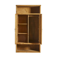 The Kalise 2 Door Wardrobe, made from recycled pine with a lacquered finish, offers three left shelves, right open storage, and extra shelves above and below behind two doors.