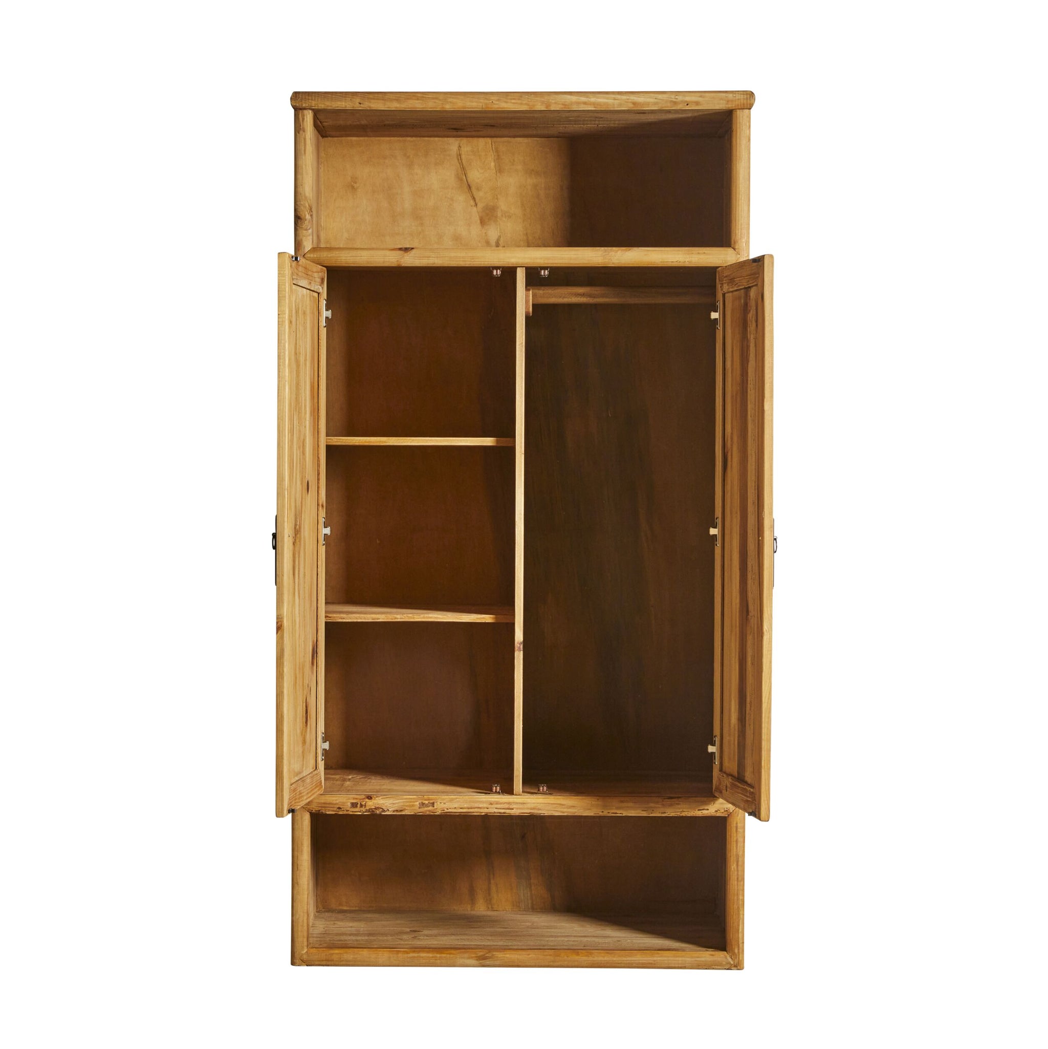 The Kalise 2 Door Wardrobe, made from recycled pine with a lacquered finish, offers three left shelves, right open storage, and extra shelves above and below behind two doors.