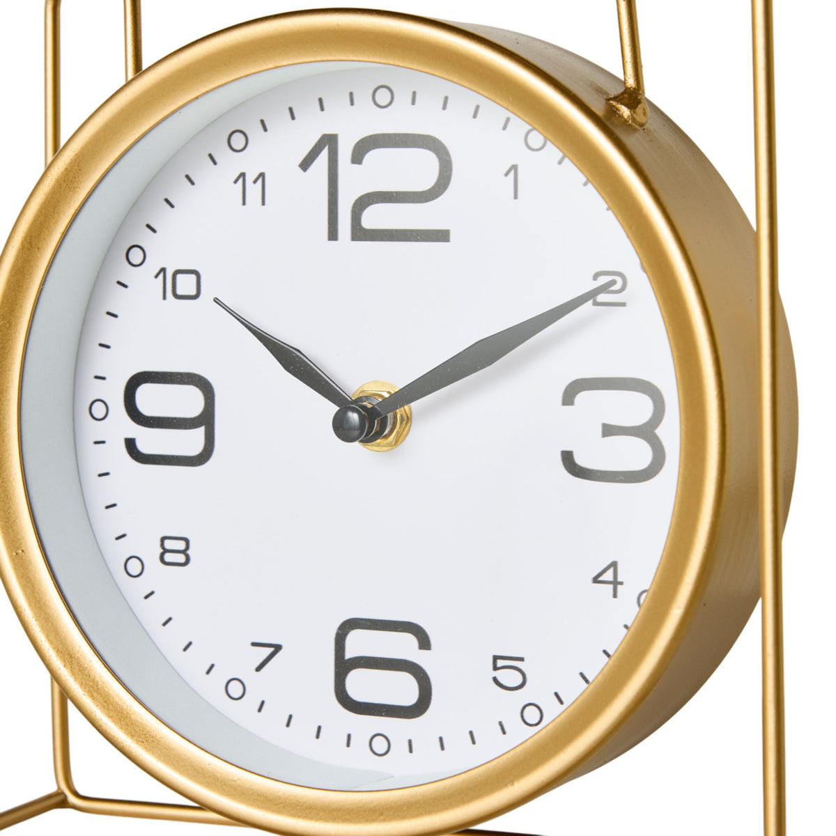 The Caged Mantel Clock Gold 18x18x7cm features a round gold frame and displays the time as 9:10.