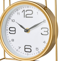 The Caged Mantel Clock Gold 18x18x7cm features a round gold frame and displays the time as 9:10.
