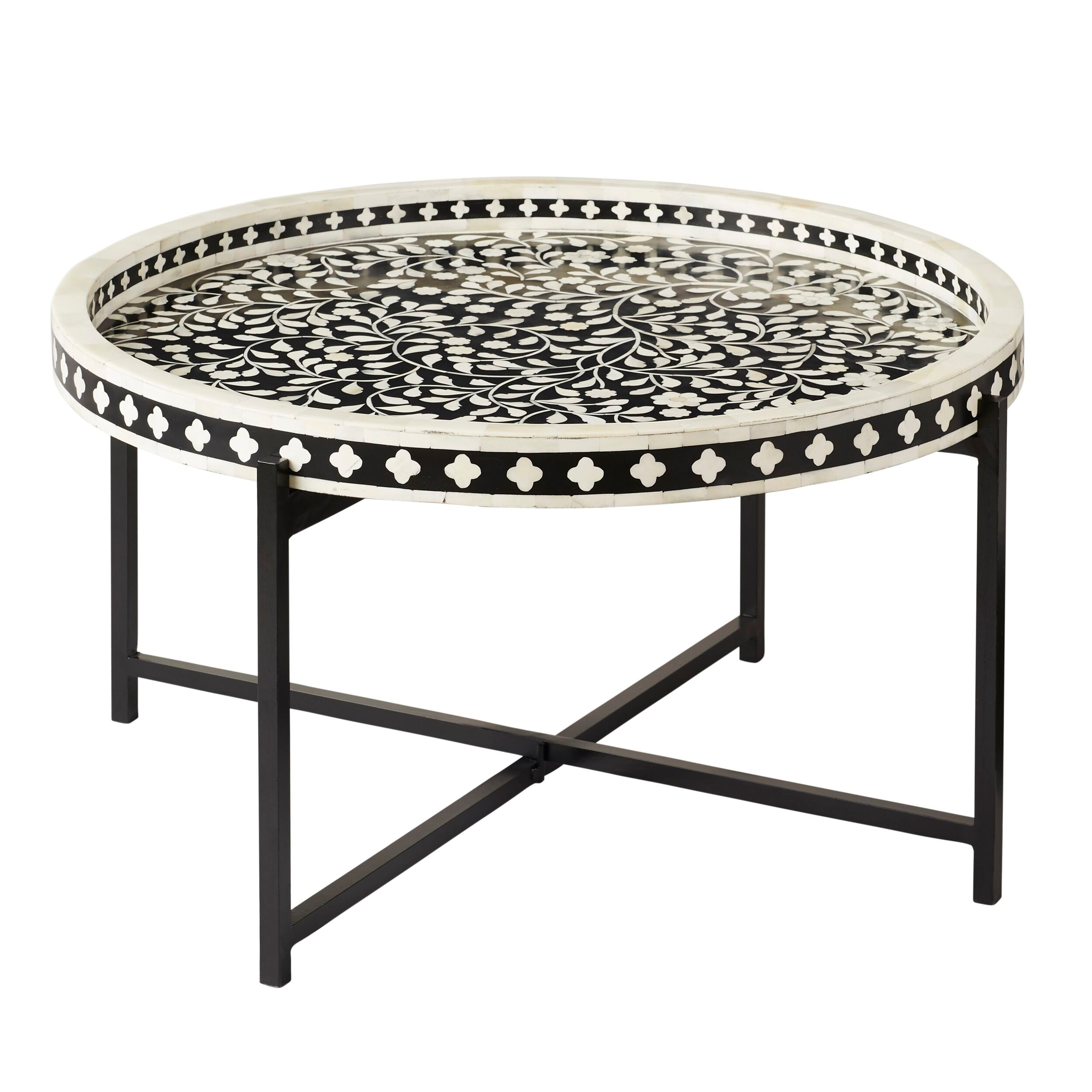 Bone Inlay Round Coffee Table Black with Black Frame 75cm