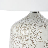 Close-up of the Natural Hues Floral Table Lamp 61cm, showcasing its porcelain base with a white floral design and a white fabric lampshade.