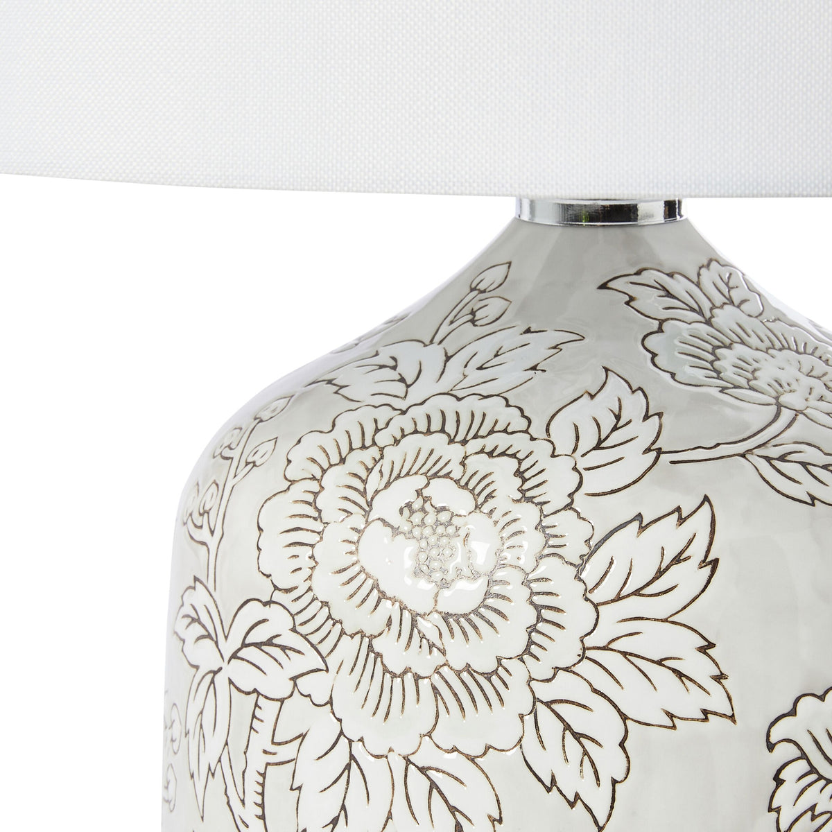 Close-up of the Natural Hues Floral Table Lamp 61cm, showcasing its porcelain base with a white floral design and a white fabric lampshade.