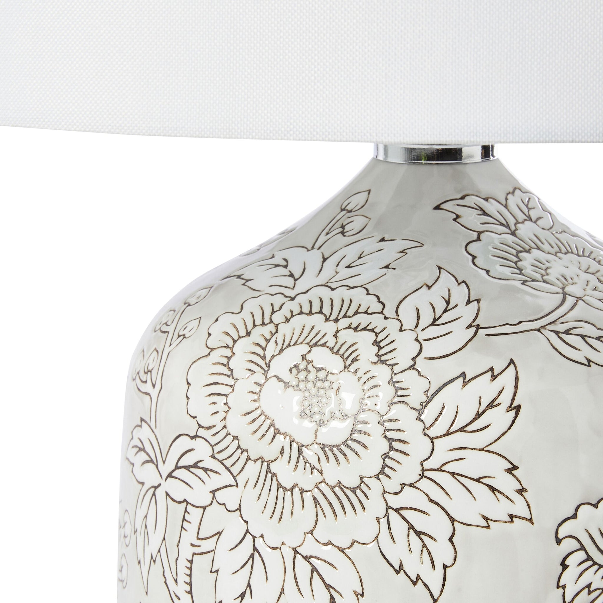 Close-up of the Natural Hues Floral Table Lamp 61cm, showcasing its porcelain base with a white floral design and a white fabric lampshade.