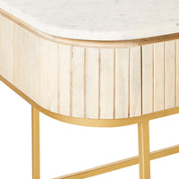 Close-up of the Deva Large Desk 150 x 79 x 61cm, showcasing its white marble top, vertical panel sides in a mango wood finish, and gold metal legs and frame.