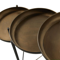 Close-up of three overlapping bronze-finish trays with durable metal construction, each on a thin black stand, from the Gracie Tiered Side Table 34x31x80cm, set against a white background.