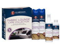 The Guardsman Fabric Lounge Care Kit with 5 Year Warranty (5-8 Seats) includes a box, two fabric protector sprays, a fabric stain remover spray, and a deep fabric cleaner for complete care and long-lasting protection.