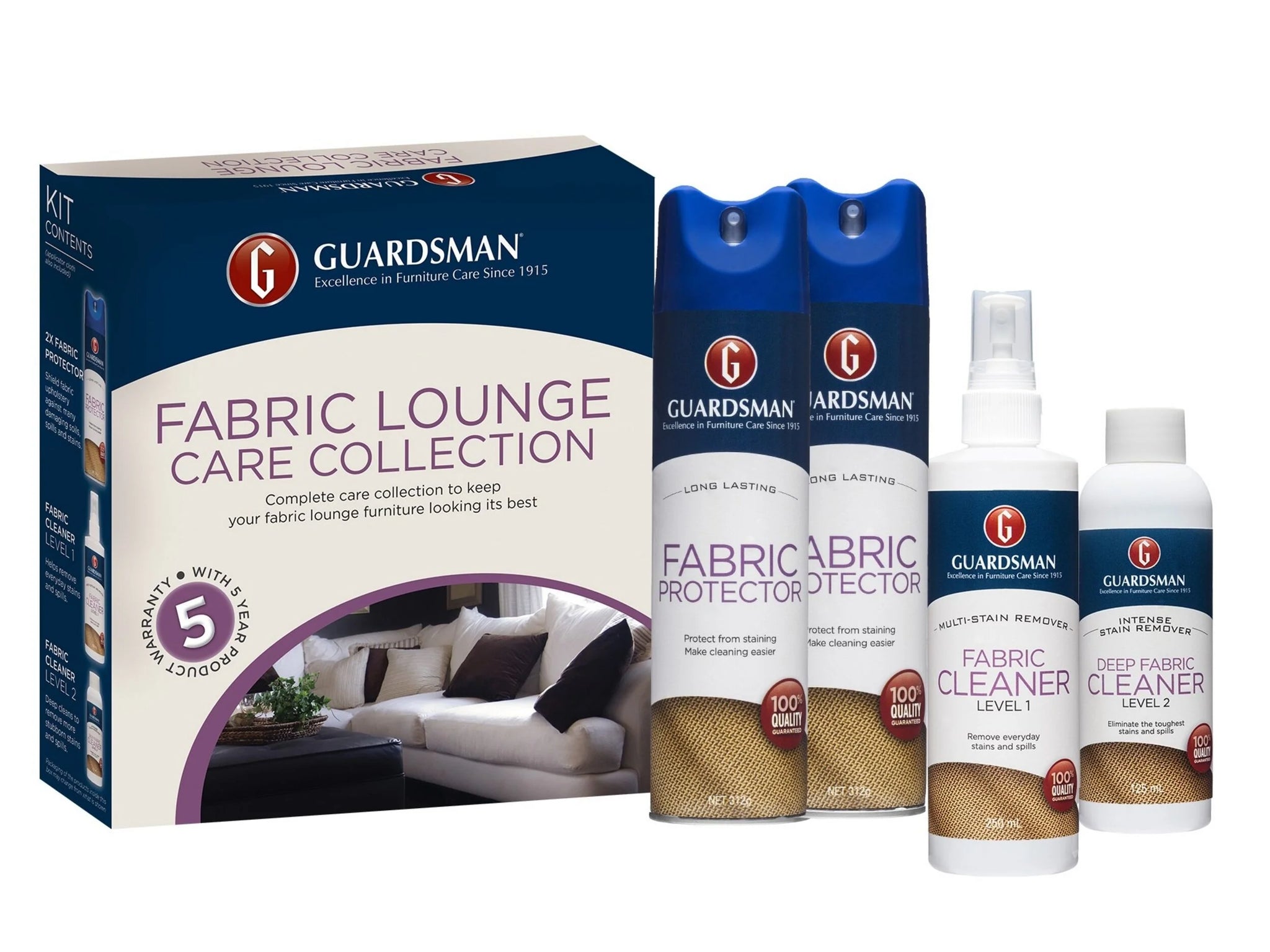 The Guardsman Fabric Lounge Care Kit with 5 Year Warranty (5-8 Seats) includes a box, two fabric protector sprays, a fabric stain remover spray, and a deep fabric cleaner for complete care and long-lasting protection.